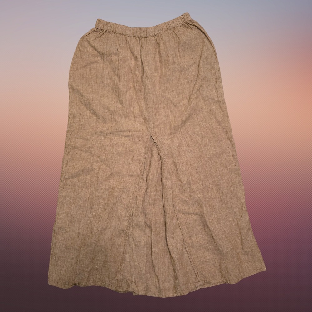 FLAX by Jeanne Engelhart Tan 100% Linen Maxi Skirt Elastic Waist Womens M Boho - Picture 3 of 10